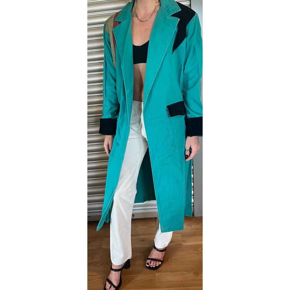 Vintage Wear of the West Turquoise Canvas Suede Patchwork Duster Coat Small
